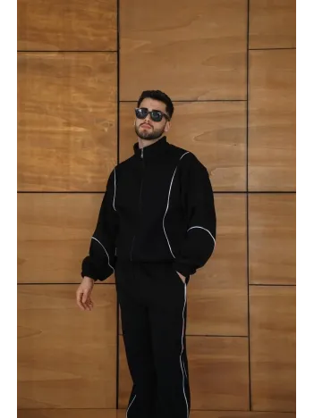 Erkek Premium Parçalı Eşofman Takım - Dik Yaka Fermuarlı Biyeli Sweatshirt Lastik Paça Alt, Oversize 3 iplik Şardonlu - Siyah Erkek Premium Parçalı Eşofman Takım - Dik Yaka Fermuarlı Biyeli Sweatshirt Lastik Paça Alt, Oversize 3 iplik Şardonlu - Siyah