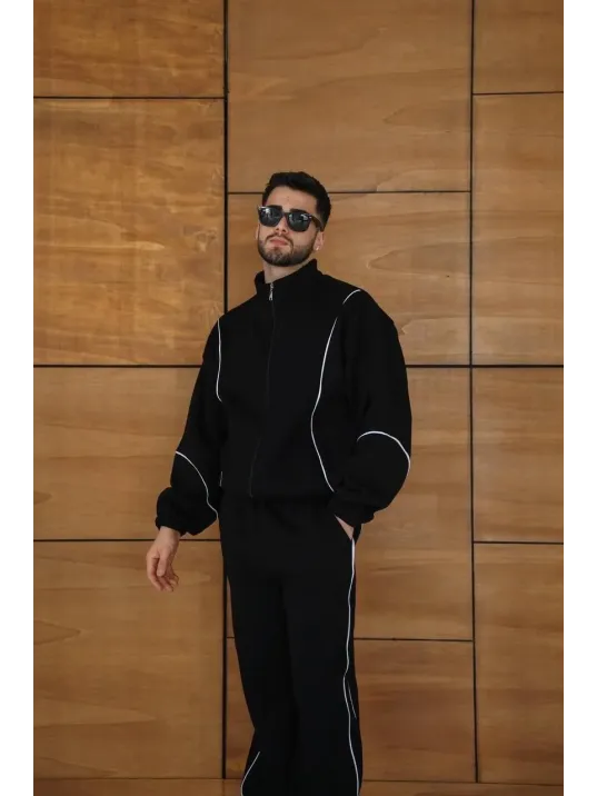 Erkek Premium Parçalı Eşofman Takım - Dik Yaka Fermuarlı Biyeli Sweatshirt Lastik Paça Alt, Oversize 3 iplik Şardonlu - Siyah Erkek Premium Parçalı Eşofman Takım - Dik Yaka Fermuarlı Biyeli Sweatshirt Lastik Paça Alt, Oversize 3 iplik Şardonlu - Siyah