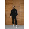 Erkek Premium Parçalı Eşofman Takım - Dik Yaka Fermuarlı Biyeli Sweatshirt Lastik Paça Alt, Oversize 3 iplik Şardonlu - Siyah
