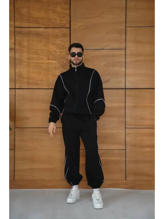 Erkek Premium Parçalı Eşofman Takım - Dik Yaka Fermuarlı Biyeli Sweatshirt Lastik Paça Alt, Oversize 3 iplik Şardonlu - Siyah