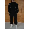 Erkek Premium Parçalı Eşofman Takım - Dik Yaka Fermuarlı Biyeli Sweatshirt Lastik Paça Alt, Oversize 3 iplik Şardonlu - Siyah