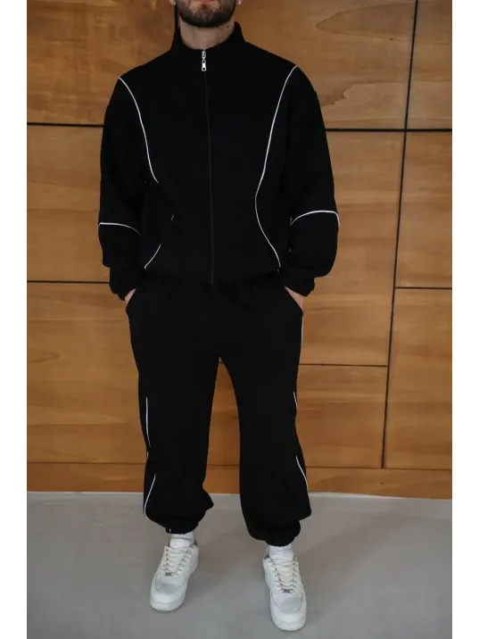 Erkek Premium Parçalı Eşofman Takım - Dik Yaka Fermuarlı Biyeli Sweatshirt Lastik Paça Alt, Oversize 3 iplik Şardonlu - Siyah