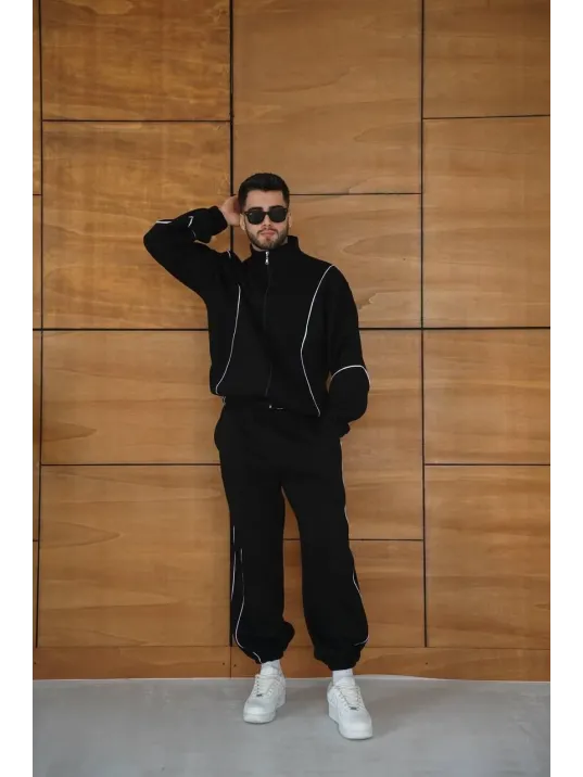 Erkek Premium Parçalı Eşofman Takım - Dik Yaka Fermuarlı Biyeli Sweatshirt Lastik Paça Alt, Oversize 3 iplik Şardonlu - Siyah