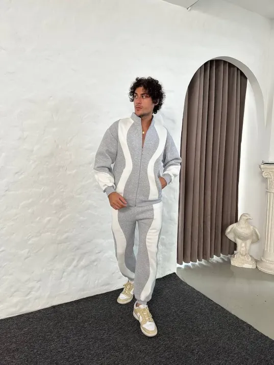 Erkek Premium Parçalı Eşofman Takım - Dik Yaka Fermuarlı Sweatshirt, - Gri