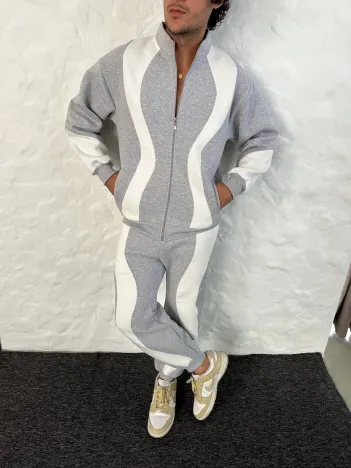 Erkek Premium Parçalı Eşofman Takım - Dik Yaka Fermuarlı Sweatshirt, - Gri Erkek Premium Parçalı Eşofman Takım - Dik Yaka Fermuarlı Sweatshirt, - Gri