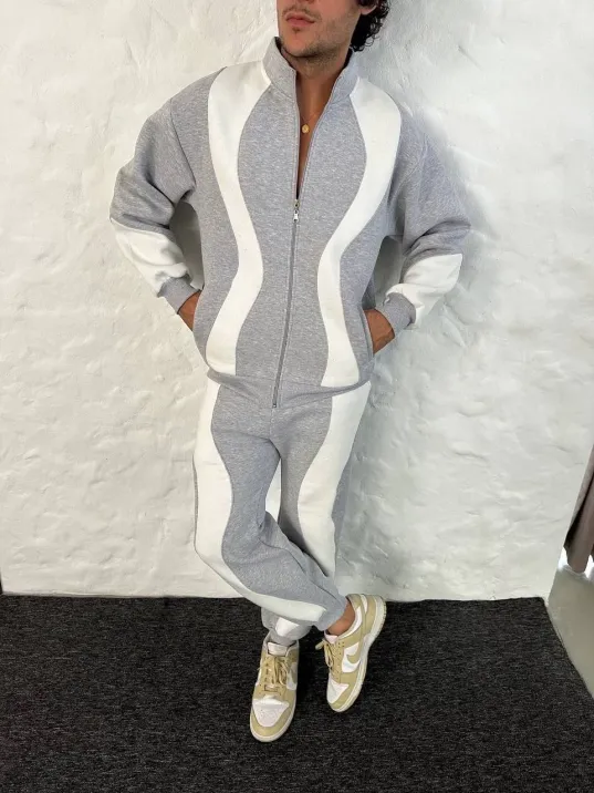 Erkek Premium Parçalı Eşofman Takım - Dik Yaka Fermuarlı Sweatshirt, - Gri Erkek Premium Parçalı Eşofman Takım - Dik Yaka Fermuarlı Sweatshirt, - Gri