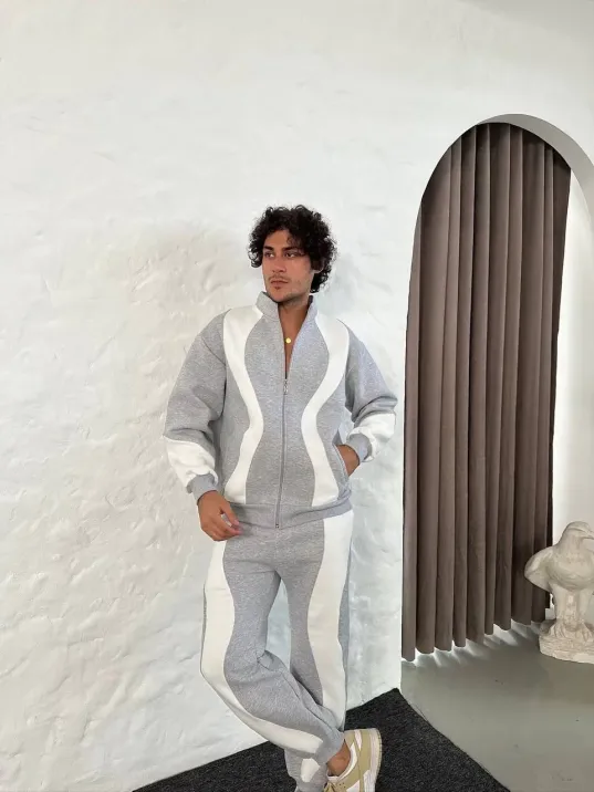 Erkek Premium Parçalı Eşofman Takım - Dik Yaka Fermuarlı Sweatshirt, - Gri