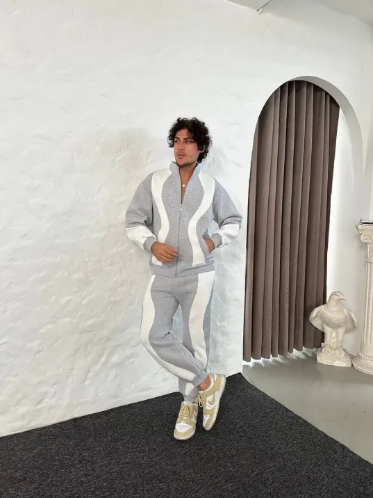 Erkek Premium Parçalı Eşofman Takım - Dik Yaka Fermuarlı Sweatshirt, - Gri