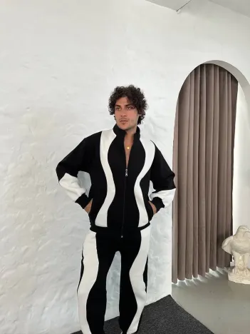 Erkek Premium Parçalı Eşofman Takım - Dik Yaka Fermuarlı Sweatshirt, - Siyah Erkek Premium Parçalı Eşofman Takım - Dik Yaka Fermuarlı Sweatshirt, - Siyah