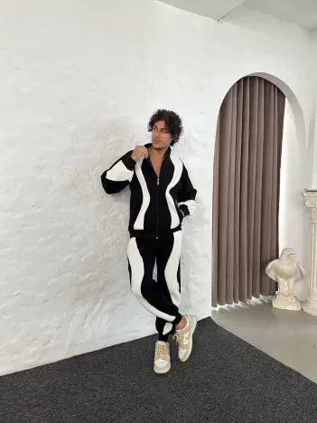 Erkek Premium Parçalı Eşofman Takım - Dik Yaka Fermuarlı Sweatshirt, - Siyah