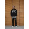 Erkek Premium Taş Baskılı Eşofman Takım Revenge Model (Siyah) Kapüşonlu Üst + Taşlı Baskılı Alt Modern Streetwear Tarzı Oversize Rahat Kalıp 3 iplik Pamuklu - Siyah