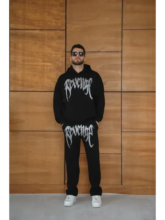 Erkek Premium Taş Baskılı Eşofman Takım Revenge Model (Siyah) Kapüşonlu Üst + Taşlı Baskılı Alt Modern Streetwear Tarzı Oversize Rahat Kalıp 3 iplik Pamuklu - Siyah