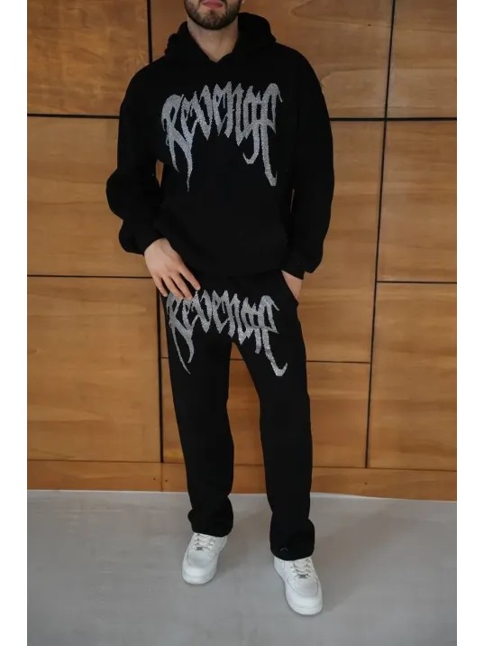 Erkek Premium Taş Baskılı Eşofman Takım Revenge Model (Siyah) Kapüşonlu Üst + Taşlı Baskılı Alt Modern Streetwear Tarzı Oversize Rahat Kalıp 3 iplik Pamuklu - Siyah