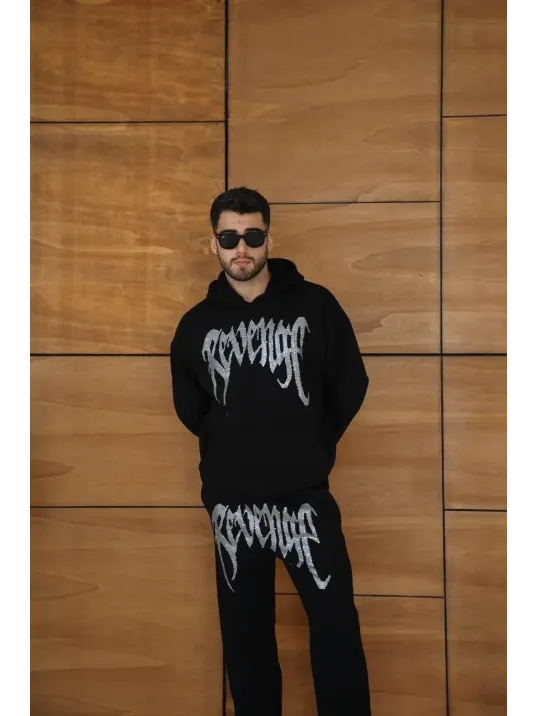 Erkek Premium Taş Baskılı Eşofman Takım Revenge Model (Siyah) Kapüşonlu Üst + Taşlı Baskılı Alt Modern Streetwear Tarzı Oversize Rahat Kalıp 3 iplik Pamuklu - Siyah