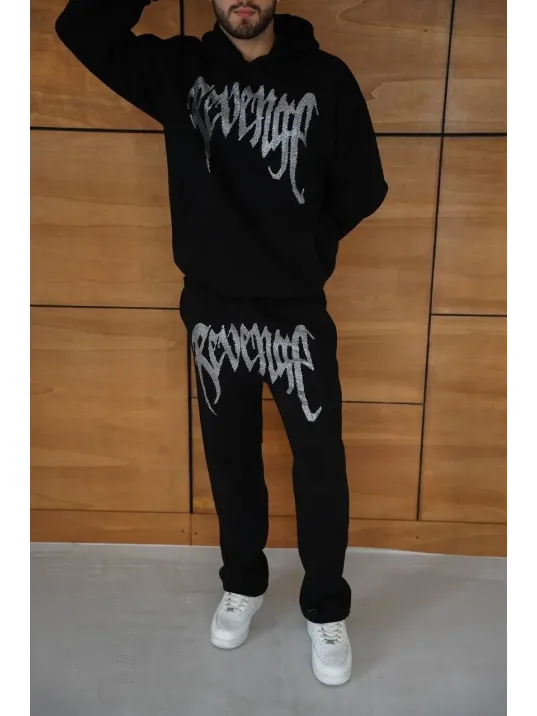 Erkek Premium Taş Baskılı Eşofman Takım Revenge Model (Siyah) Kapüşonlu Üst + Taşlı Baskılı Alt Modern Streetwear Tarzı Oversize Rahat Kalıp 3 iplik Pamuklu - Siyah