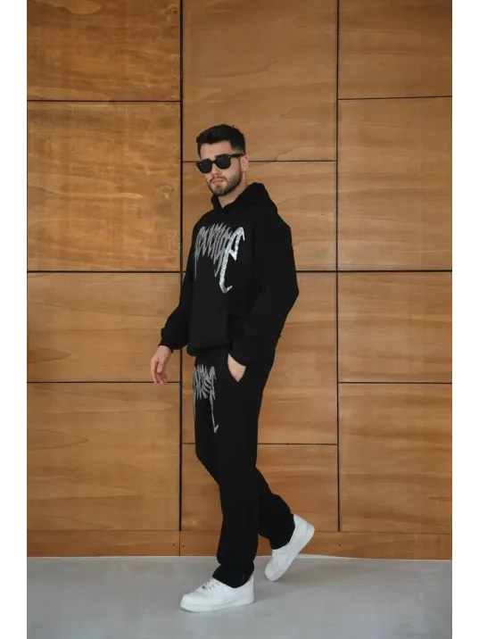 Erkek Premium Taş Baskılı Eşofman Takım Revenge Model (Siyah) Kapüşonlu Üst + Taşlı Baskılı Alt Modern Streetwear Tarzı Oversize Rahat Kalıp 3 iplik Pamuklu - Siyah