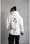 Erkek Şapkalı Güvercin Baskılı Kapşonlu Sweat - Beyaz