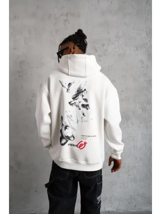 Erkek Şapkalı Güvercin Baskılı Kapşonlu Sweat - Beyaz