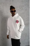Erkek Şapkalı Güvercin Baskılı Kapşonlu Sweat - Beyaz