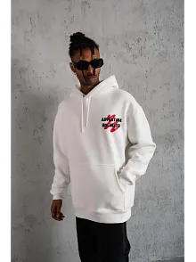 Erkek Şapkalı Güvercin Baskılı Kapşonlu Sweat - Beyaz