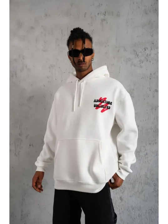 Erkek Şapkalı Güvercin Baskılı Kapşonlu Sweat - Beyaz