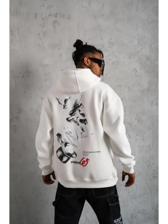 Erkek Şapkalı Güvercin Baskılı Kapşonlu Sweat - Beyaz