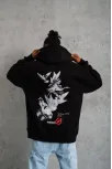 Erkek Şapkalı Güvercin Baskılı Kapşonlu Sweat - Siyah