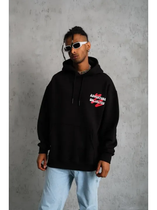 Erkek Şapkalı Güvercin Baskılı Kapşonlu Sweat - Siyah