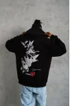 Erkek Şapkalı Güvercin Baskılı Kapşonlu Sweat - Siyah