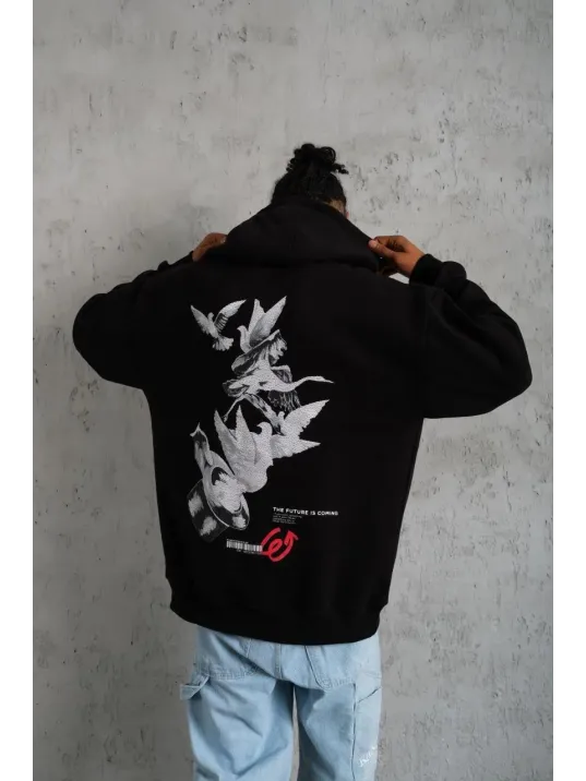 Erkek Şapkalı Güvercin Baskılı Kapşonlu Sweat - Siyah