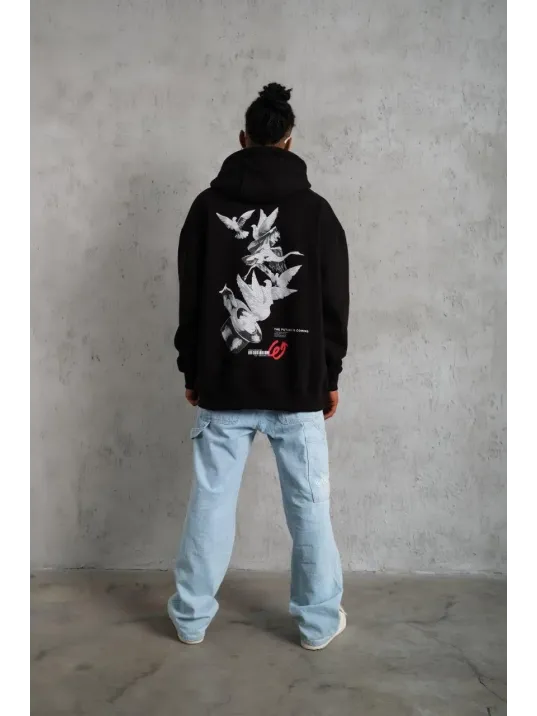 Erkek Şapkalı Güvercin Baskılı Kapşonlu Sweat - Siyah