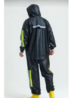 Erkek Şapkalı Kapüşonlu Su Geçirmez Yağmurluk Takımı Reflektörlü Motorcu Kıyafeti Su Ve Rüzgar Gecirmez Motorcu Kurye Takım Tübitak Onaylı - Siyah