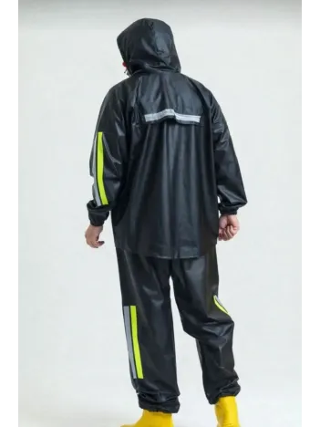 Erkek Şapkalı Kapüşonlu Su Geçirmez Yağmurluk Takımı Reflektörlü Motorcu Kıyafeti Su Ve Rüzgar Gecirmez Motorcu Kurye Takım Tübitak Onaylı - Siyah