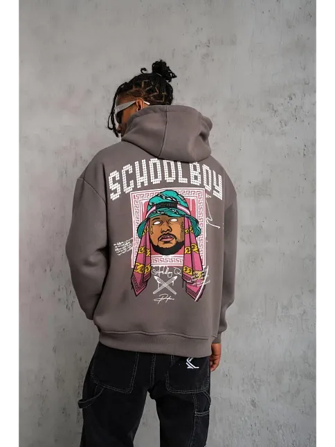Erkek School Boy Baskılı Kapüşonlu Sweat - Gri