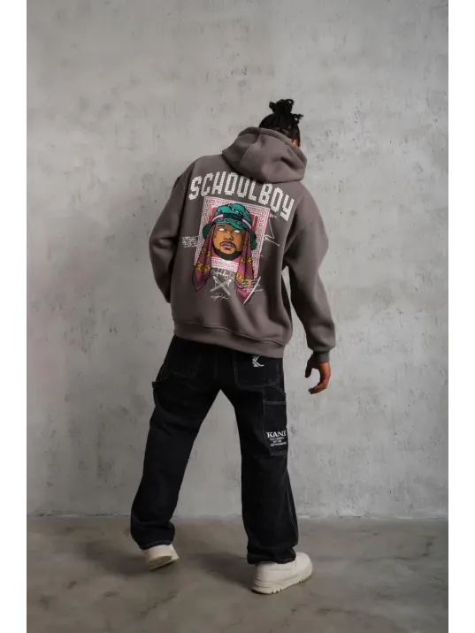 Erkek School Boy Baskılı Kapüşonlu Sweat - Gri