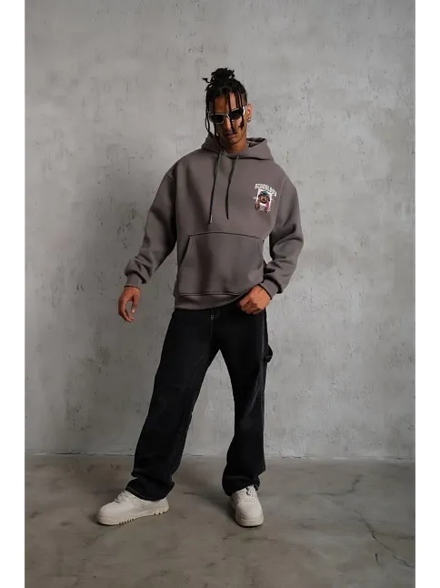 Erkek School Boy Baskılı Kapüşonlu Sweat - Gri