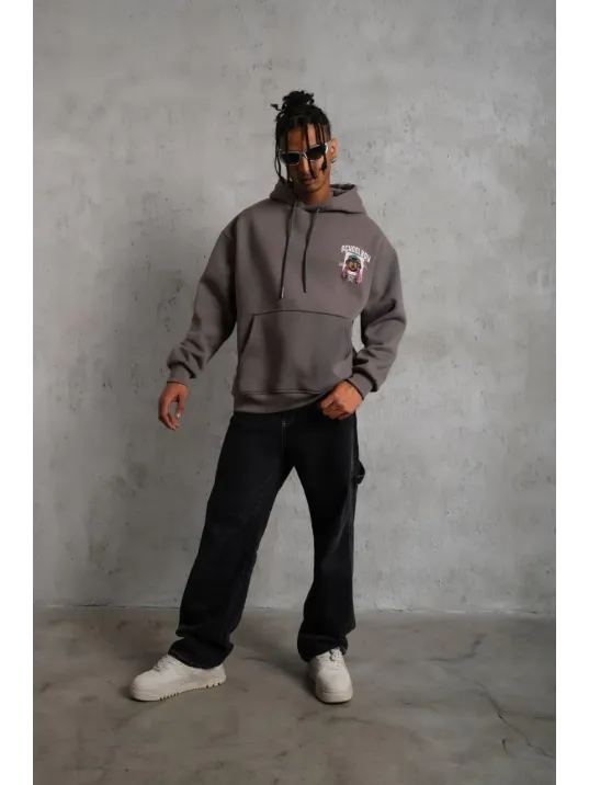 Erkek School Boy Baskılı Kapüşonlu Sweat - Gri