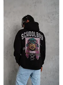 Erkek School Boy Baskılı Kapüşonlu Sweat - Siyah