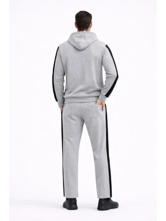 Erkek Şeritli Eşofman Takım Kapüşonlu Sweatshirt Boru Paça Alt, Oversize 3 İplik Pamuklu - Gri