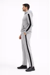 Erkek Şeritli Eşofman Takım Kapüşonlu Sweatshirt Boru Paça Alt, Oversize 3 İplik Pamuklu - Gri