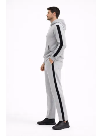 Erkek Şeritli Eşofman Takım Kapüşonlu Sweatshirt Boru Paça Alt, Oversize 3 İplik Pamuklu - Gri