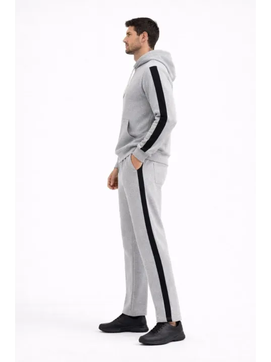 Erkek Şeritli Eşofman Takım Kapüşonlu Sweatshirt Boru Paça Alt, Oversize 3 İplik Pamuklu - Gri