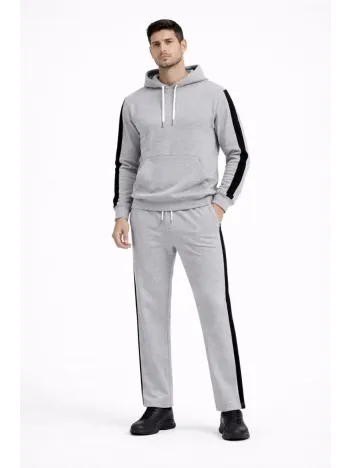 Erkek Şeritli Eşofman Takım Kapüşonlu Sweatshirt Boru Paça Alt, Oversize 3 İplik Pamuklu - Gri