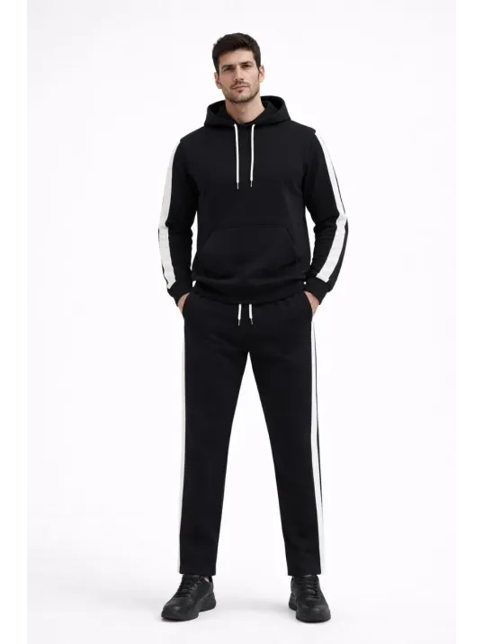 Erkek Şeritli Eşofman Takım Kapüşonlu Sweatshirt Boru Paça Alt, Oversize 3 İplik Pamuklu - Siyah