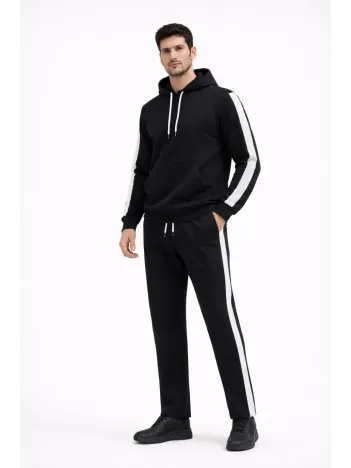 Erkek Şeritli Eşofman Takım Kapüşonlu Sweatshirt Boru Paça Alt, Oversize 3 İplik Pamuklu - Siyah
