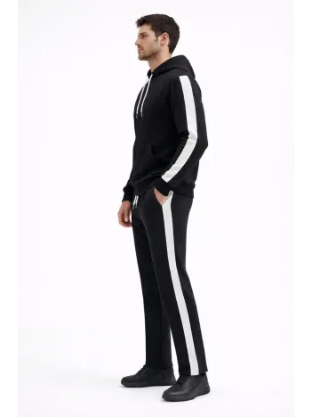 Erkek Şeritli Eşofman Takım Kapüşonlu Sweatshirt Boru Paça Alt, Oversize 3 İplik Pamuklu - Siyah