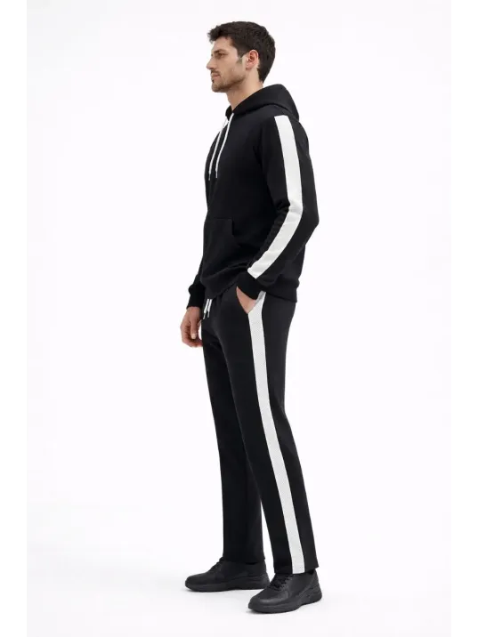 Erkek Şeritli Eşofman Takım Kapüşonlu Sweatshirt Boru Paça Alt, Oversize 3 İplik Pamuklu - Siyah