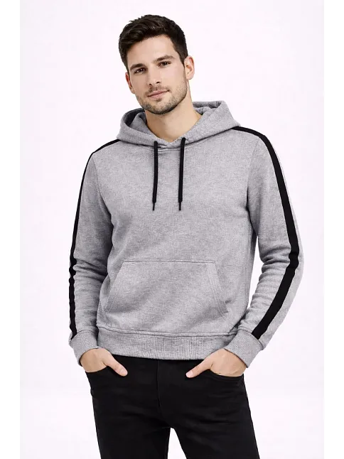 Erkek Şeritli Kapüşonlu Sweatshirt Oversize 3 İplik Pamuklu - Gri