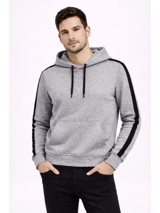 Erkek Şeritli Kapüşonlu Sweatshirt Oversize 3 İplik Pamuklu - Gri Erkek Şeritli Kapüşonlu Sweatshirt Oversize 3 İplik Pamuklu - Gri