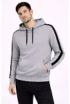 Erkek Şeritli Kapüşonlu Sweatshirt Oversize 3 İplik Pamuklu - Gri